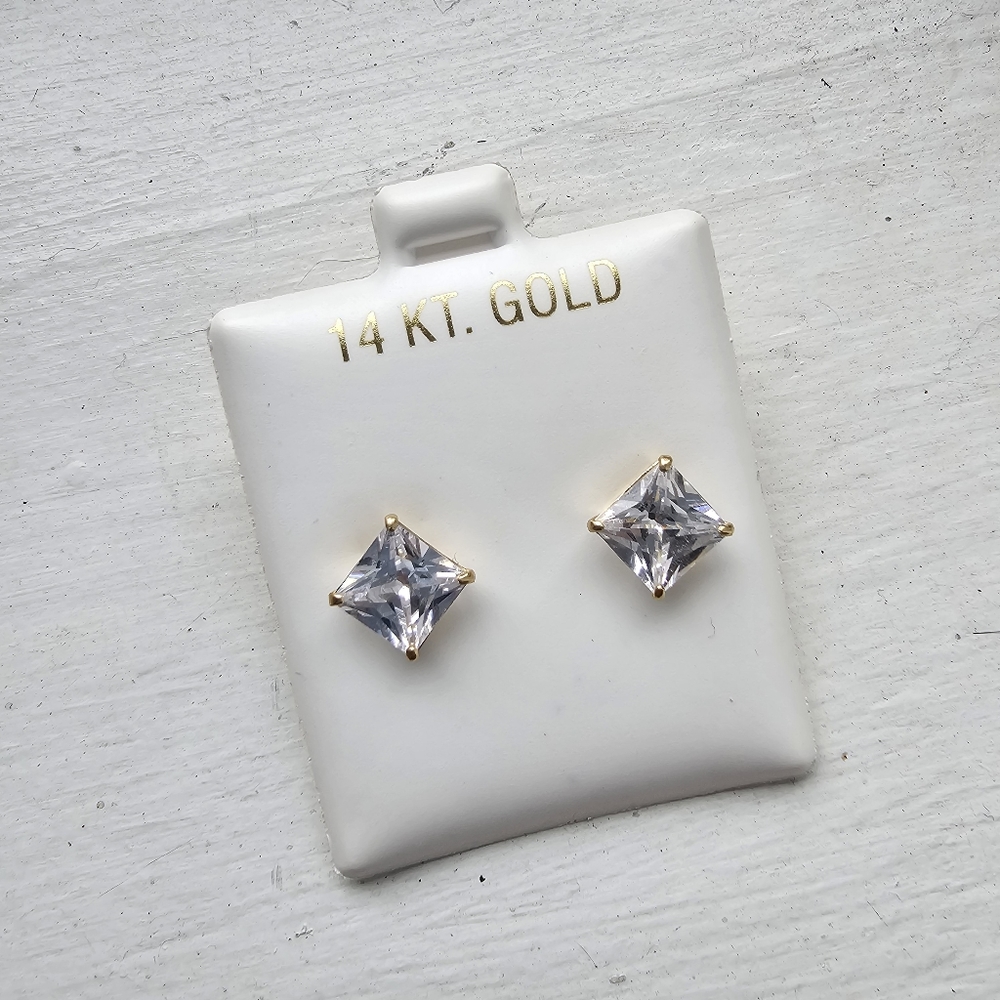 14k Gold Princess Cut CZ Stud Earrings